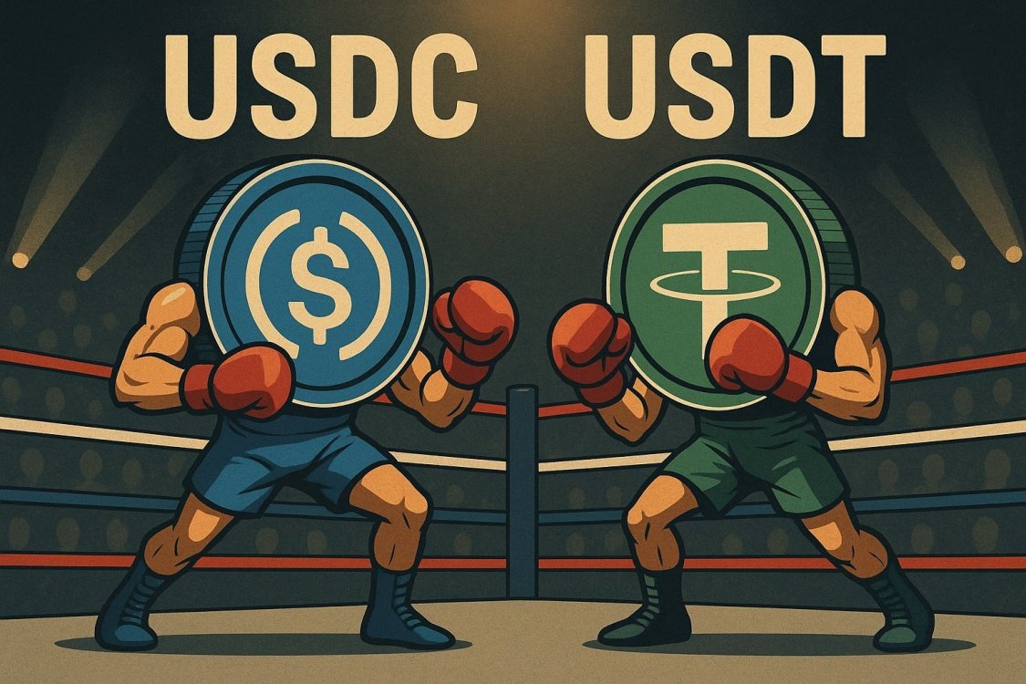 Иллюстрация: USDC и USDT в образе боксёров на ринге, символизирующая борьбу за лидерство среди стабильных монет.